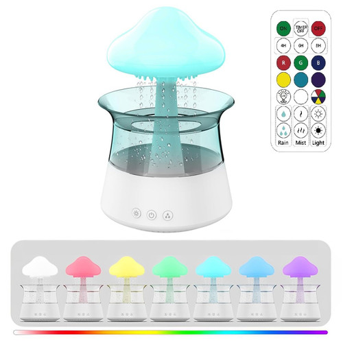 Rain Cloud Humidifier Water Drip, 2 in 1 Rain Cloud Diffuser, Rain Drop Humidifier, Mushroom Aromatherapy Essential Oil Diffuser with 7 Colors for Bedroom and Desk (White+Remote Control)