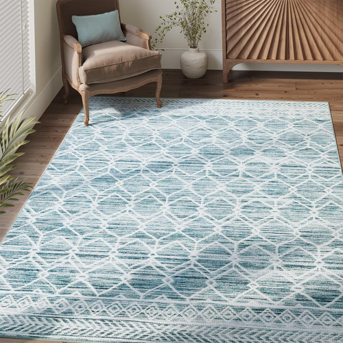 jinchan Boho Area Rug 3x5 Entryway Moroccan Rug Geometric Rug Bedroom Washable Area Rug Non Slip Low-Pile Carpet for Kitchen Bedroom Farmhouse Bathroom Doorway Teal