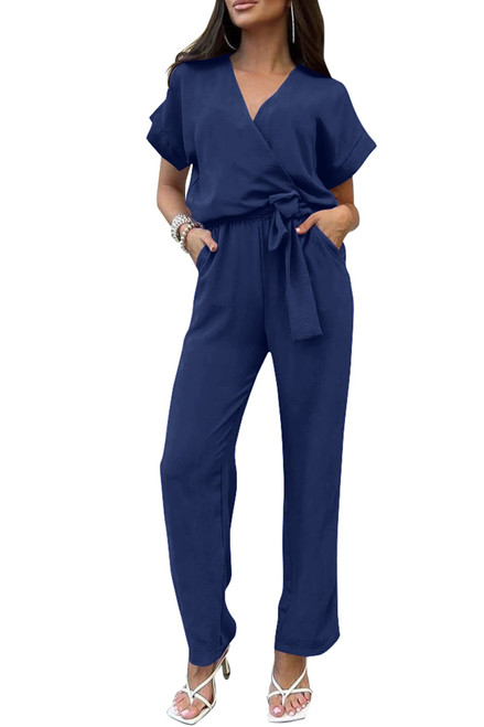PRETTYGARDEN Women's Jumpsuit Casual Short Sleeve Wrap V Neck Belted Wide Leg Pants (Navy,Medium)