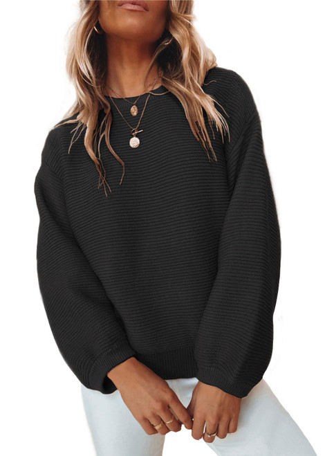 ARTFREE Womens Ribbed Knit Crewneck Sweater Lantern Sleeve Casual Loose Stretchy Solid Fall Winter Sweaters Pullover Tops Black S