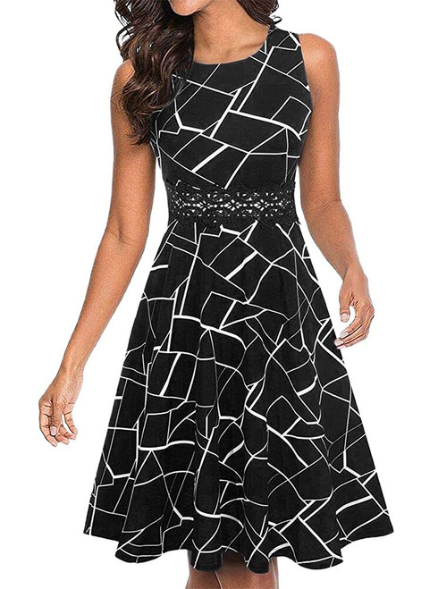 OWIN Women's Vintage Floral Lace Flared A-Line Swing Casual Party Cocktail Dresses Sleeveless Black White Stripe L OWIN Women's Vintage Floral Lace Flared A-Line Swing Casual Party Cocktail Dresses Sleeveless Black White Stripe L
