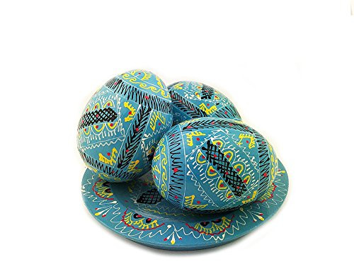 Religious Gifts 3 Blue Ukrainian Wooden Eggs Pysanky on Plate 2 5/8 Inch Religious Gifts 3 Blue Ukrainian Wooden Eggs Pysanky on Plate 2 5/8 Inch
