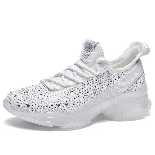 BELOS Women's Fashion Rhinestone Mesh Knit Slip On Sneaker Breathable Glitter Walking Shoes(White,11)