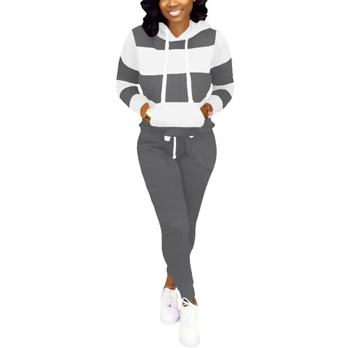 Nimsruc Two Piece Outfits For Women Jogging Suits Casual Tracksuit Hoodie Long Sleeve Sweatsuit Pants Sets Dark Gray White XL