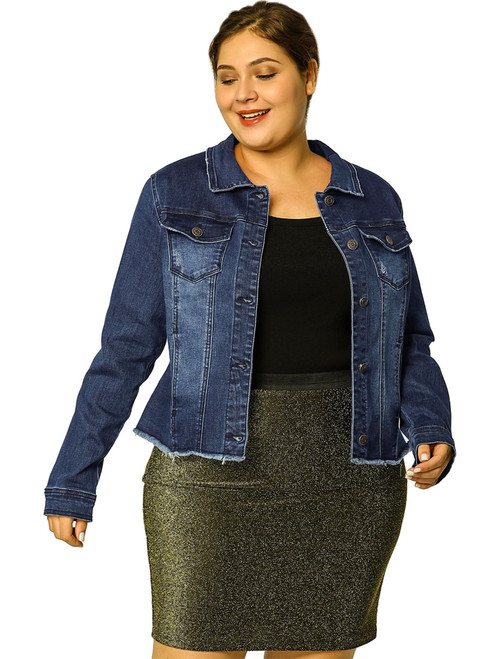 Agnes Orinda Women's Plus Size Classic Washed Front Frayed Denim Jacket 4X Dark Blue