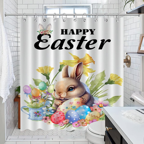 COVOME Bathroom Curtain Happy Easter Bunny Rabbit Bathroom Shower Curtain Sets Flower Wreaths Garland Festival Long Shower Curtain Home Bathroom Decorations 72x84 Inch
