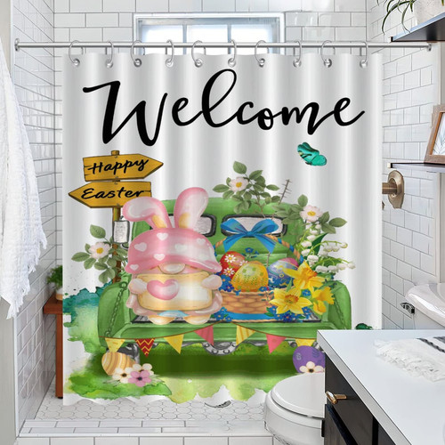 Spring Easter Welcome Bathroom Shower Curtain Sets Happy Easter Colored Eggs Bath Curtain Home Bathroom Decorations Polyester Rustic Shower Curtain Set with Hooks with Rustproof Grommet Holes 72x84