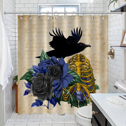 COVOME Shower Curtain Skull Skeleton and Crow Rose Bathroom Shower Curtain Sets Abstract Flower Horror Rustic Bath Curtain Home Bathroom Decorations 72x84 Inch