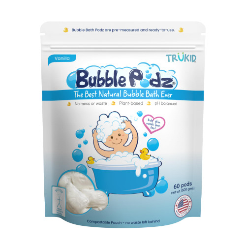 TruKid Bubble Podz Bubble Bath for Baby & Kids, Gentle Refreshing Bath Bomb for Sensitive Skin, pH Balance 7 for Eye Sensitivity, Natural Moisturizers and Ingredients, Vanilla (60 Podz)