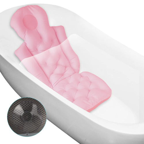 Full Body Bath Pillow for Bathtub, Bath Pillows for Tub, Adult Bath Tub Pillow for Tub Neck and Back Support Ergonomic Quick Dry Headrest Cushion (Polyester, Pink with 6 Suction Cups)