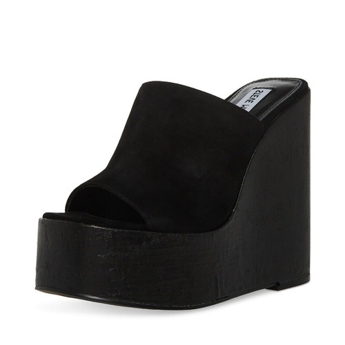 Steve Madden Joanne Black Suede Slip On High Platform Wedge Heeled Sandals (Black Suede, 11)