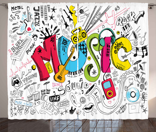 Ambesonne Music Curtains, Pop Art Featured Doodle Style Musical Background Instruments Sound Art Illustration, Living Room Bedroom Window Drapes 2 Panel Set, 108" X 90", Cream Black Ambesonne Music Curtains, Pop Art Featured Doodle Style Musical Background Instruments Sound Art Illustration, Living Room Bedroom Window Drapes 2 Panel Set, 108" X 90", Cream Black