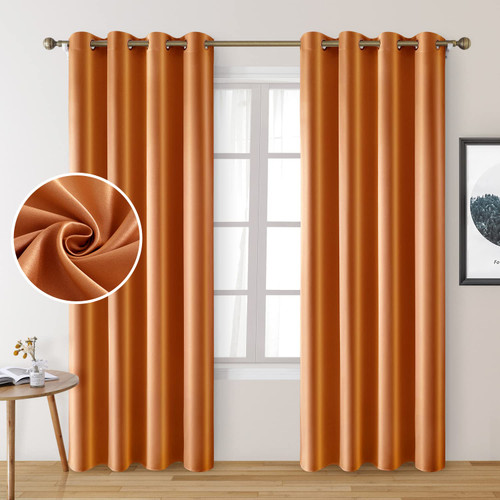 HOMEIDEAS 2 Panels Faux Silk Curtains Orange Blackout Curtains for Nursery 52 X 84 Inch Room Darkening Satin Curtains for Bedroom, Thermal Insulated Window Curtains for Kids' Room