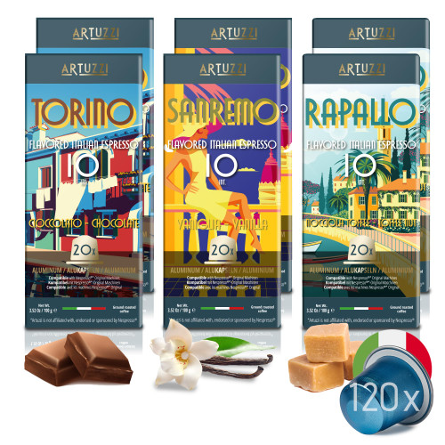 Artuzzi 120ct Nespresso compatible Pods | Espresso Pods Chocolate Vanilla and Toffeenut Caramel I For Original Nespresso Compatible Pod Machines | 100% Aluminum Capsules I Recyclable Artuzzi 120ct Nespresso compatible Pods | Espresso Pods Chocolate Vanilla and Toffeenut Caramel I For Original Nespresso Compatible Pod Machines | 100% Aluminum Capsules I Recyclable