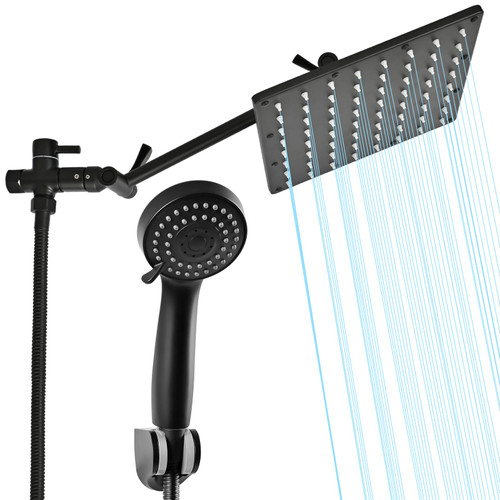 Shower Head Combo,8 Inch Anti-leak Rain Shower Head with 11 Inch Adjustable Extension Arm and 3 Settings Handheld Shower Head Combo with Holder/Hose, Height/Angle Adjustable - Matte Black
