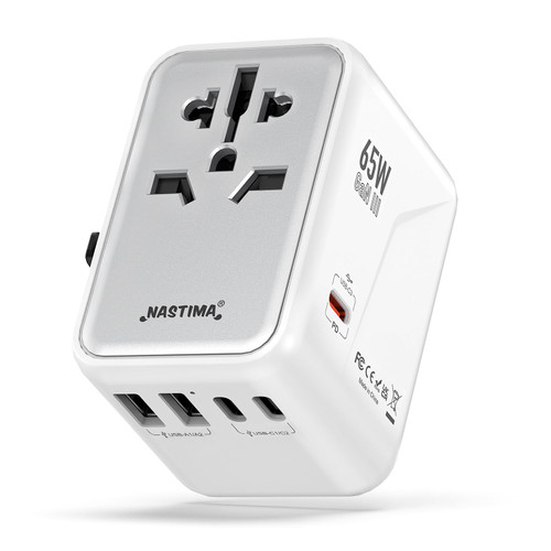 NASTIMA 65W Universal Travel Adapter Worldwide, 3USB-C PD & 2USB-A QC Travel Charger with UK,EU,AU,US Plugs for Laptops Tablets Phones-Adopting GaN III Technology