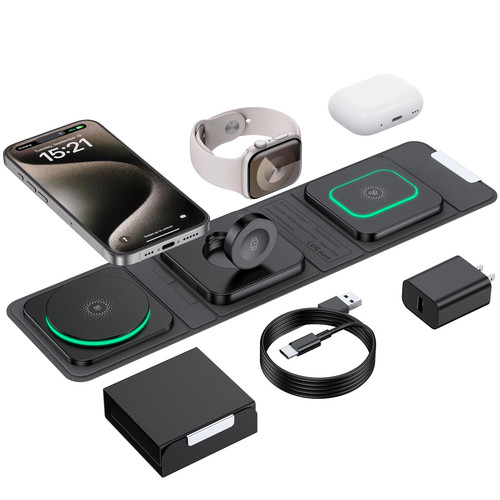 Wireless Charger for iPhone - 3 in 1 Charging Station for Apple Multiple Devices, Foldable Magnetic Mag-Safe Travel Charging Pad for iPhone 15 14 13 12 Pro Max Plus iwatch Watch & Airpods Wireless Charger for iPhone - 3 in 1 Charging Station for Apple Multiple Devices, Foldable Magnetic Mag-Safe Travel Charging Pad for iPhone 15 14 13 12 Pro Max Plus iwatch Watch & Airpods