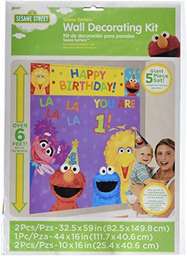 Amscan Sesame Street 1st Birthday Party Scene Setter Wall Decorating Kit, Plastic, 59" X 65", Pack of 5 Party Supplies