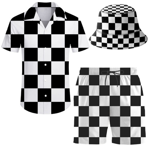 ifamawlea Men'S 2 Piece Tracksuit Black And White Checkerboard Hawaiian Shirt Shorts Button Down Shirt And Shorts Sets With Bucket Hats X-Large