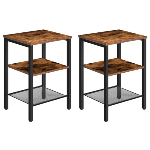 HOOBRO Set of 2 Side Tables, 3-Tier End Tables with Adjustable Shelf, Industrial Nightstands for Small Space in Living Room, Bedroom and Balcony, Stable Metal Frame, Rustic Brown BF12BZ01