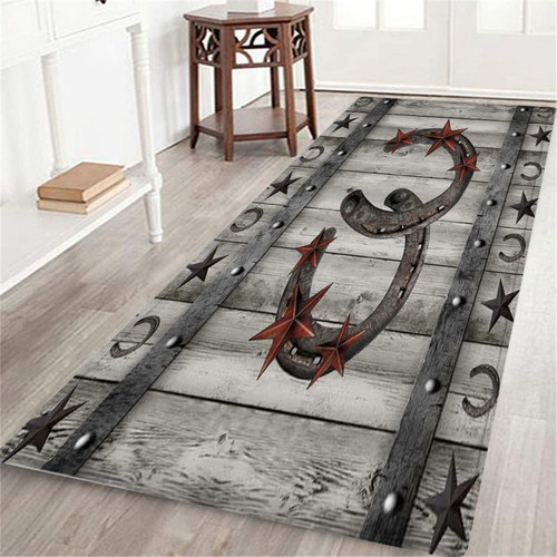 Long Runner Rug Floor Mat,Barn Door Vintage Rustic Wooden Texas Star Rusty Horseshoe Farmhouse Plank Western Retro,Carpet Hallway Living Room Bedroom Area Rugs Bath Kitchen Entrance Door Mats