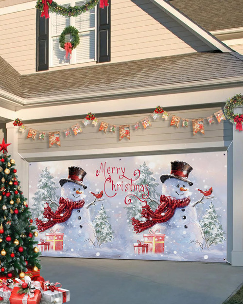 Christmas Garage Door Banner Cover 7 x 8 ft, Merry Christmas Snowman with Cardinal Bird Christmas Garage Door Decorations Holiday Christmas Backdrop Decor for Winter New Year Xmas Party