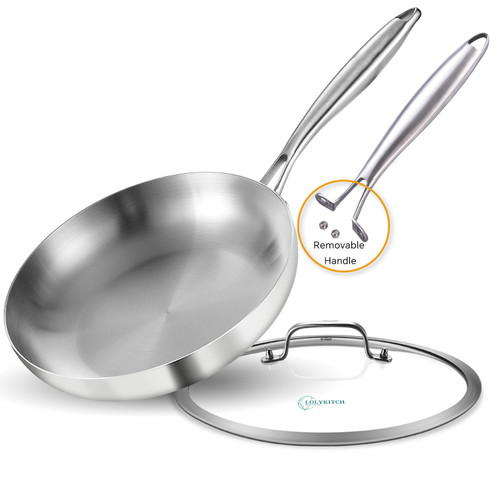 LOLYKITCH 11 Inch Tri-ply 18/8 Stainless Steel Chef's Pan,Frying Pan with Lid,Skillet,Induction Pan,Pot and Pan Set,Dishwasher and Oven Safe.(Removable Handle)