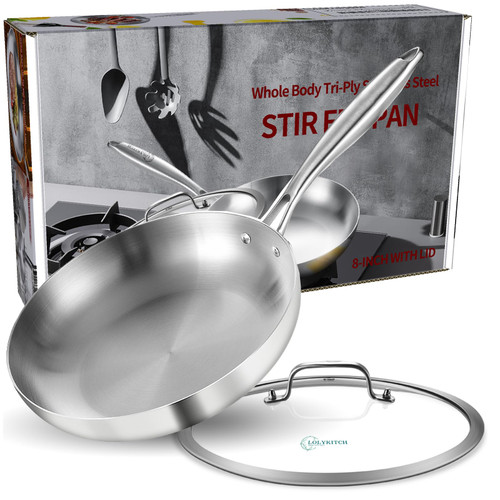LOLYKITCH 8 Inch Tri-ply 18/8 Stainless Steel Chef's Pan,Frying Pan with Lid,Skillet,Induction Pan,Pot and Pan Set,Dishwasher and Oven Safe.(Rivet Handle)
