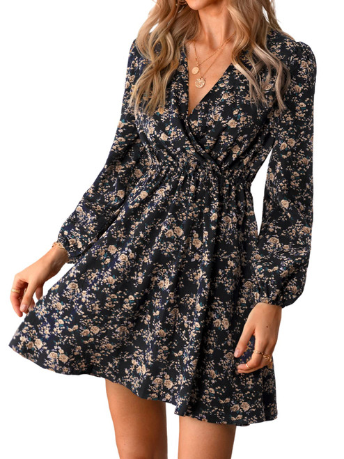 CUPSHE Womens V Neck Floral Mini Dress Long Sleeve A Line Short Dress Surplice Short Dress Black