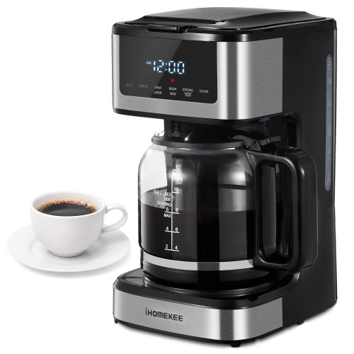 Ihomekee Programmable Coffee Maker, 12 Cup Drip Coffee Machine with Iced Coffee Function, Regular & Strong Brew, Compact Coffee Machines for Home and Office, Silver and Black