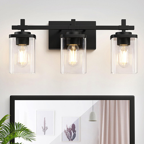 Spiglamm 3-Lights Bathroom Vanity Light Fixtures Over Mirror, Modern Black Bathroom Lighting Wall Sconces with Clear Glass Shade, Vanity Lights for Bathroom, Wall Lamp for Mirror Bedroom Hallway Spiglamm 3-Lights Bathroom Vanity Light Fixtures Over Mirror, Modern Black Bathroom Lighting Wall Sconces with Clear Glass Shade, Vanity Lights for Bathroom, Wall Lamp for Mirror Bedroom Hallway
