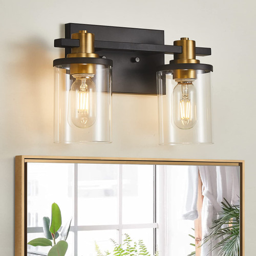 DADUL 2-Light Bathroom Light Fixtures, Gold and Black Bathroom Vanity Light with Clear Glass Shade, Gold Vanity Light Fixtures Over Mirror, Black Wall Sconce for Bathroom, Bedroom DADUL 2-Light Bathroom Light Fixtures, Gold and Black Bathroom Vanity Light with Clear Glass Shade, Gold Vanity Light Fixtures Over Mirror, Black Wall Sconce for Bathroom, Bedroom