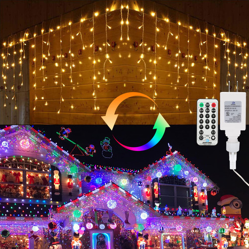Brizled Christmas Icicle Lights, 29ft 360 LED Outdoor Icicle Lights Color Changing with Remote, 11 Function Connectable Icicle String Lights Warm White & Multicolor Icicle Lights for Xmas Home Wedding