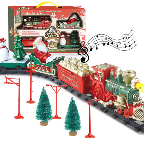 JUQU Christmas Train Set, Electric Train Toys w/Xmas Sounds & Lights, Toddler Train Sets for Kids w/Locomotive Engine & 3 Cars (Santa in) & 12 Tracks, Christmas Train Sets for Around The Tree