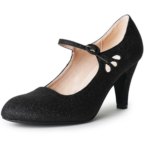 J. Adams Pixie Mary Jane Shoes Women Oxford Pumps - Cute Low Kitten High Heels - Retro Vintage Shoes for Women 1950s Mary Janes Round Toe Shoe with Ankle Strap - Women Dress Shoes Black Glitter