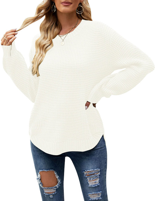 MEROKEETY Women's 2023 Fall Puff Sleeve Warm Waffle Knit Sweater Crew Neck Pullover Jumper Tops, White, L