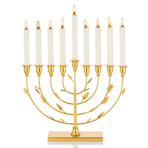Hanukkah Menorah Tree of Life with Gold Finish, 9-Branch Menorah Candle Holder, Gold Metal Menorah for Hanukkah Holiday Ceremony Candlelight Dinner Party