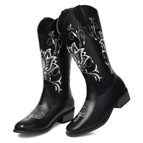 TEMOFON Women's Cowboy Boots Embroidered Western Boots Classic Cowgirl Pull On Mid Calf Boots Black 9