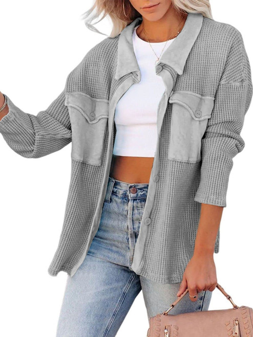 Cnkwei Waffle Knit Shacket Womens Shacket Jacket with Pockets Casual Button Down Shirt Tops Grey