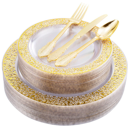COLOSUS 150pcs Clear Gold Lace Plastic Plates Disposable Dinnerware set include 30 dinner plate-30 dessert plate-90 Gold Silverware Perfect for Thanksgiving Party