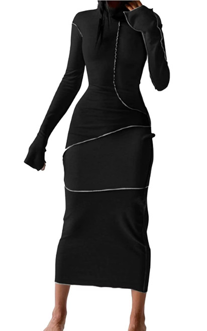 Women's Sexy Hoodie Dress Long Sleeve Patchwork High Waist Bodycon Party Club Fashion Maxi Dress Black XL