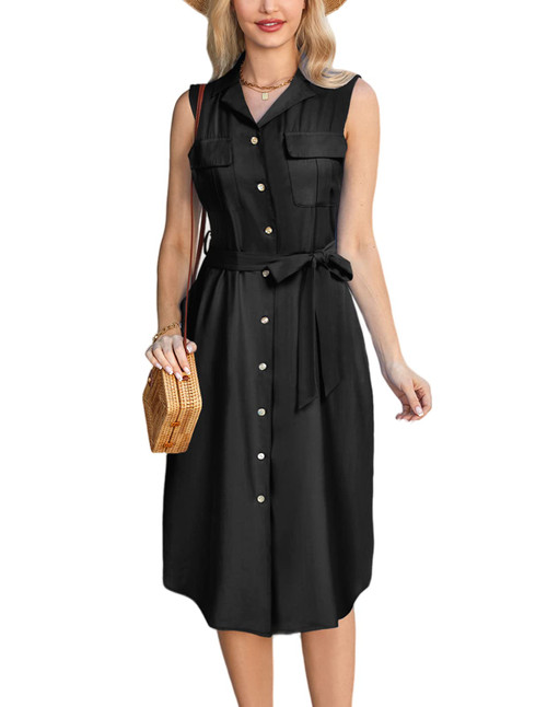 GRACE KARIN Midi Dresses for Women Summer Casual Denim Shirt Dress Jean Chambray Button Down Midi Dress Black S