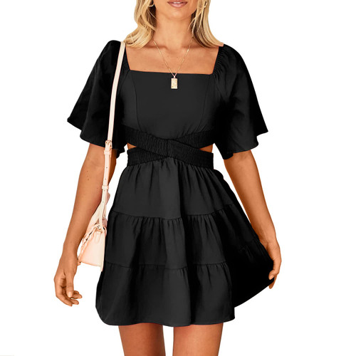 Shy Velvet Women's Summer Dress Square Neck Short Sleeves Crossover Waist Casual Party Mini Dress Black