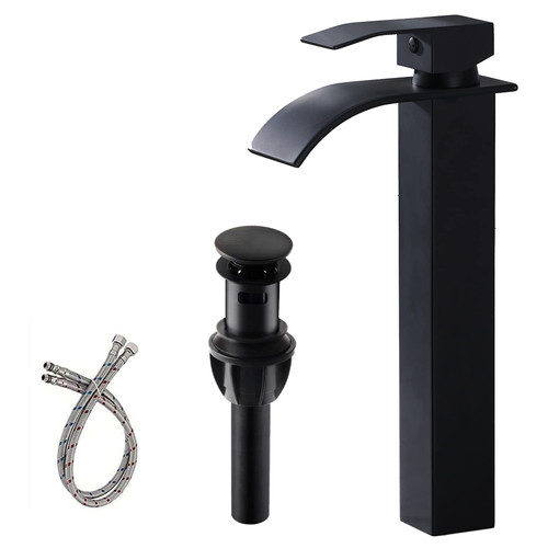 VAPSINT Tall Bathroom Vessel Sink Faucet Matte Black,Waterfall Faucet for Bathroom Sink Single Handle Vessel Faucet Single Hole Vanity Mixer Bowl Tap with Overflow Pop Up Drain