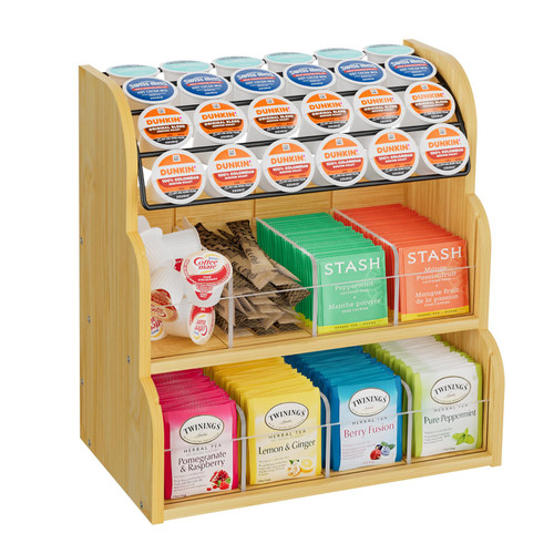LASZOLA Bamboo Tea Bag Organizer with Metal Coffee Pods Holder, Tea Bag Storage Box Caddy Rack Dispenser Shelf for Tea Bag Organizer, Sugar Packet Station Container for Countertop Cabinet Office
