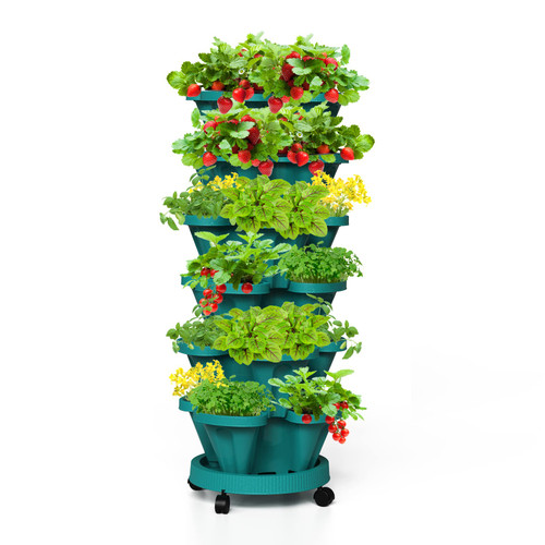 Tectsia Strawberry Stacking Planter, Vertical Garden Tower, 6 Tiered Stackable Herb Vegetable Planters with Movable Casters and Bottom Saucer Indoor and Outdoor - Hunter Green