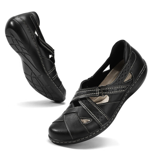 Ahico Women's Classic Leather Loafer Comfort Soft Flats Fashion Casual Leather Sandal Closed Toe Walking Shoes for Daily Working Black 6