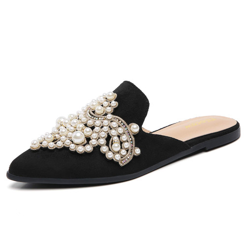 Tilocow Pearl Decor Mules for Women Flats Pointed Toe Backless Flat Slip On Slides Women's Mule Shoes