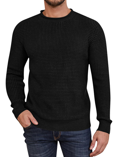 Mens Long Sleeve Cable Knit Sweater Pullover Fisherman Tops Crewneck Sweater Regular Fit Black