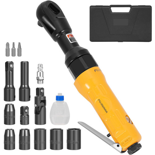 FUJIWARA 3/8 Inch Air Ratchet Wrench Set with 1/2" Drive Adapter,50ft-lbs Pneumatic Torque Impact Wrench Tools Kit with 6 Sockets(10,11,13,17,19,21MM) for Auto Maintenance, Repair Work -Yellow FUJIWARA 3/8 Inch Air Ratchet Wrench Set with 1/2" Drive Adapter,50ft-lbs Pneumatic Torque Impact Wrench Tools Kit with 6 Sockets(10,11,13,17,19,21MM) for Auto Maintenance, Repair Work -Yellow